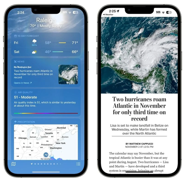 富裕苹果14维修分享iPhone 14手机如何看天气时顺带看新闻 